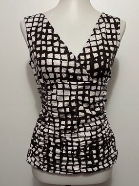 Libra Ruched Tank M Brown White Geometric Y2K Fitted Stretch Going Out